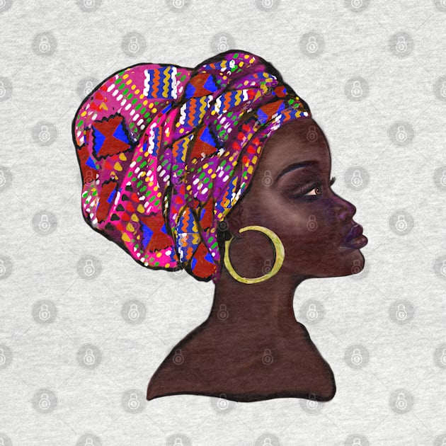 Afro queen With pink Kinte headwrap- Mahagony brown skin girl with thick glorious, curly Afro Hair and gold hoop earrings by Artonmytee